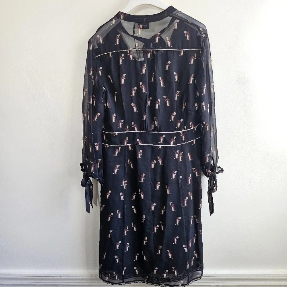 New Coach 1941 Penguin Print Tie Neck Knee Length Black Dress NWT Size 6 US